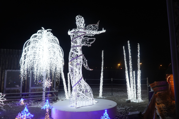 Weihnachtslichter in einer skulpturähnlichen Formation in einem Park bei Nacht angeordnet.