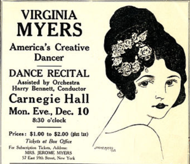 Ein Plakat mit Virginia Myers, Amerikas kreativer Tänzerin, die eine friedliche Miene, einen klassischen Dutt und ein hochgeschlossenes, langärmeliges Kleid trägt, mit der Aufschrift "Virginia Myers Tanzvorstellung".