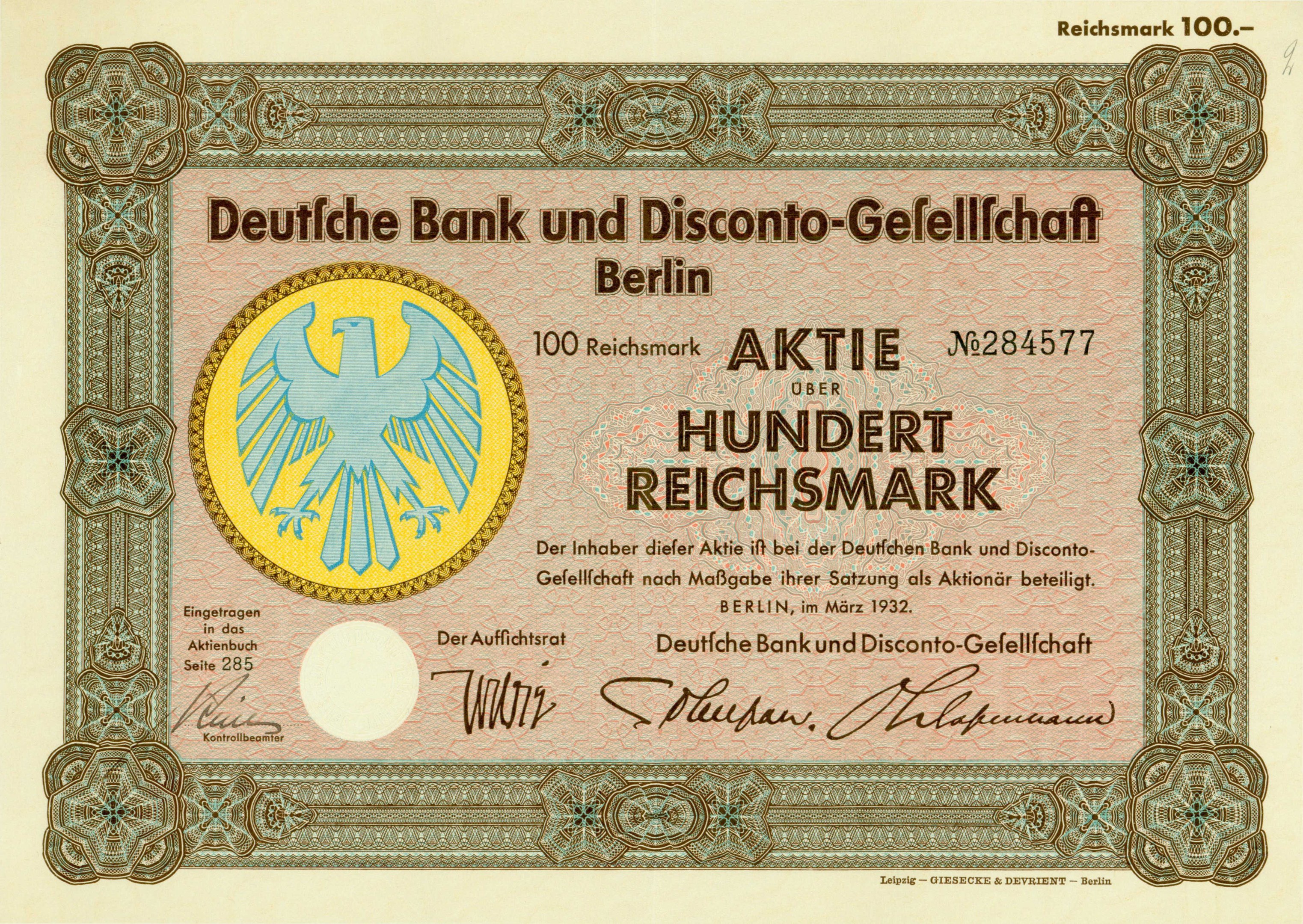 Alte deutsche Banknote mit Vogeldesign und Text "Deutsche Bank und Disconto-Gesellschaft Berlin".