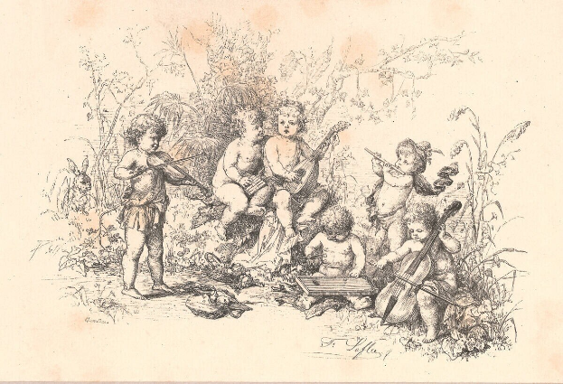 Eine Gruppe von Kindern, die Musikinstrumente spielen – darunter eine Gitarre, eine Geige und ein Schlagzeug – in einem bewaldeten Gebiet mit Bäumen im Hintergrund.