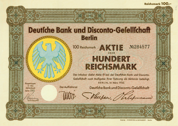 Deutsche Banknote mit einer Vogeldarstellung und der Aufschrift "Deutsche Bank und Disconto-Gefellichaft Berlin"