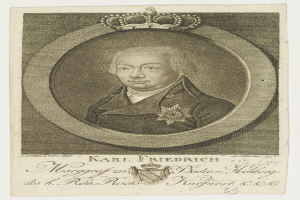 Porträt des Königs Karl Friedrich Friedrich von Deutschland, der eine Krone trägt, mit einem ernsten Gesichtsausdruck, direkt in die Kamera schauend.