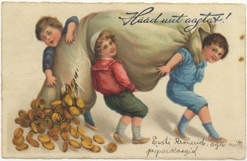 Alte Postkarte mit drei Kindern, die einen Beutel voller Goldmünzen halten und vor einem Haufen Münzen stehen, mit Text auf der Postkarte.