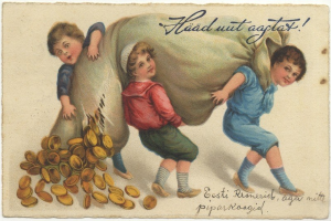 Alte Postkarte mit drei Kindern, die einen Beutel voller Goldmünzen halten und vor einem Haufen Münzen stehen, mit Text auf der Postkarte.