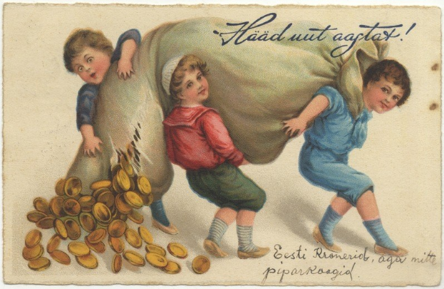 Alte Postkarte mit drei Kindern, die einen Beutel voller Goldmünzen halten und vor einem Haufen Münzen stehen, mit Text auf der Postkarte.