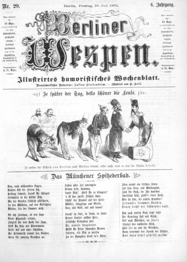 Alte Zeitung mit einer Karikatur eines besorgten Mannes mit Zylinder und Frau in einem Kleid, datiert "Berliner Wespen, Juli 1873".
