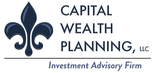 Logo von Capital Wealth Planning, LLC: ein blauer Kreis mit weißer Umrandung und einem weißen 'C' in der Mitte, umgeben von einem weißen Ring mit blauem Text 'Capital Wealth Planning' und weißem Text 'Investment Advisory Firm' darunter.