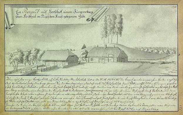 Ein verblichenes Dokument mit der Aufschrift "Surgensburg, Deutschland - Landschaft einer Farm" zeigt eine ländliche Szene mit einem Farmhaus in einem Feld, umgeben von Häusern, Bäumen und einem Himmel.