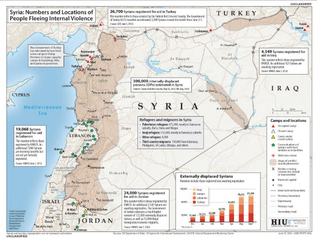 Plakat mit einer Karte von Syrien, das die Binnendifferenzierung aufgrund von Gewalt zeigt, begleitet von Text und Grafiken, die die Situation darlegen.