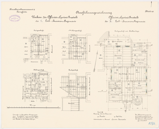Schwarzer und weißer Grundriss des ehemaligen Bundeskanzleramts in der Bundesrepublik Deutschland, der detaillierte architecturale Zeichnungen und Text enthält.
