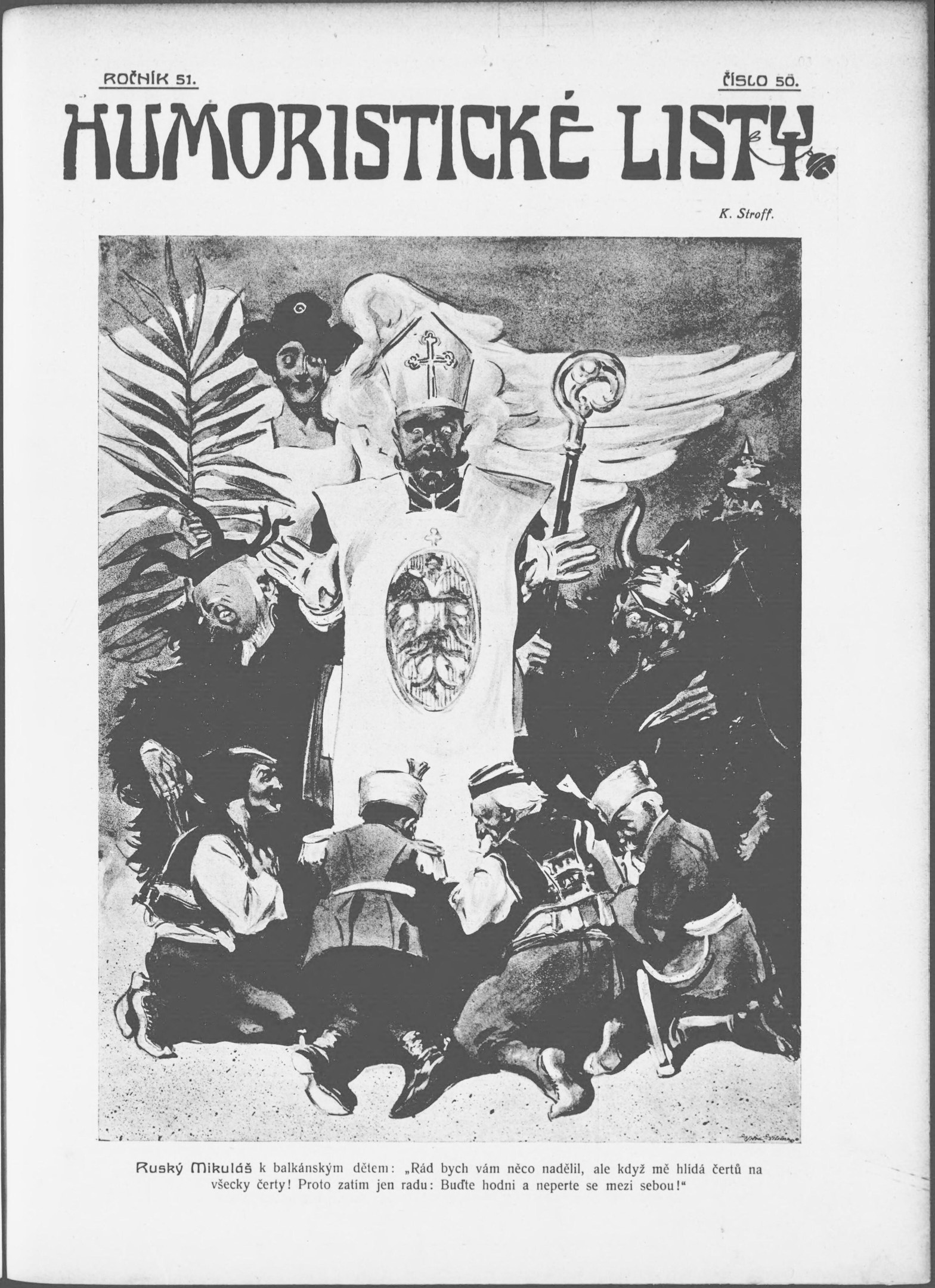 Schwarzes und weißes Foto einer vielseitigen Gruppe von Menschen, die sich um ein Plakat im Retro-Stil versammelt haben, das mit 'Humoristischer Listen' beschriftet ist.