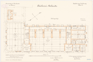 Ein Grundriss des Bäckerrei-Gebäudes in Berlin, Deutschland, der den Grundriss mit beschrifteten Räumen, Fluren, Fenstern und Türen zeigt.