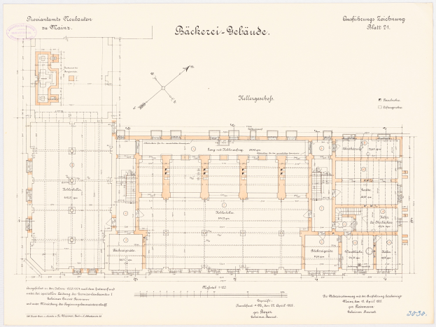 Ein Grundriss des Bäckerrei-Gebäudes in Berlin, Deutschland, der den Grundriss mit beschrifteten Räumen, Fluren, Fenstern und Türen zeigt.
