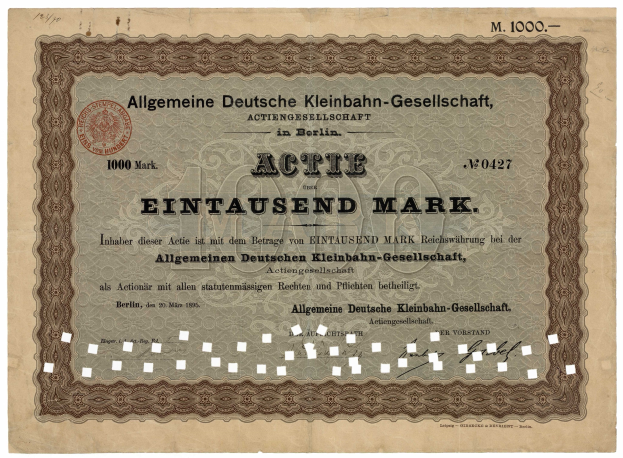 Altes deutsches Regierungsaktienzertifikat mit gedrucktem Text und einem offiziellen Stempel.