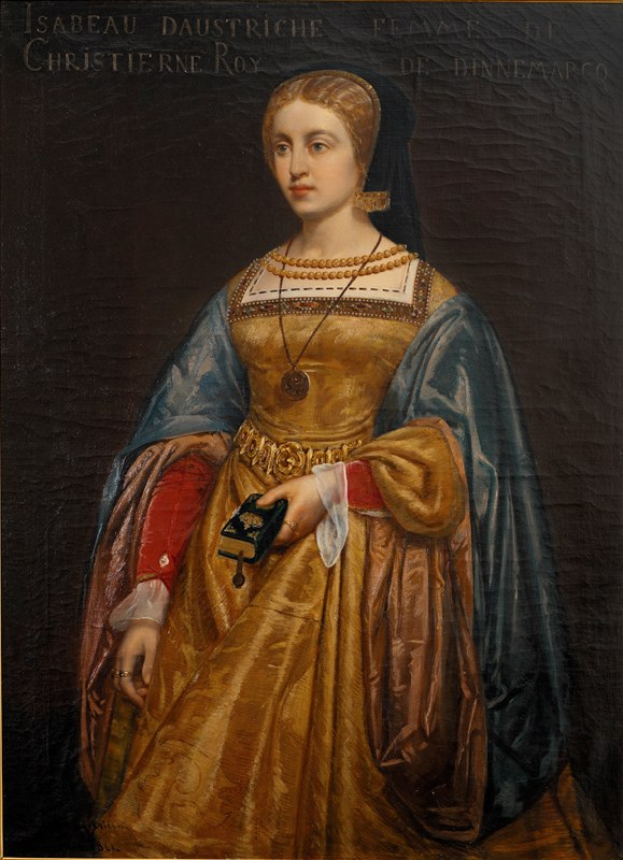 Gemälde einer Frau in einem goldenen Kleid mit detaillierten Verzierungen, identifiziert als Isabella daustriche, von Christierne Roy, mit einem ordentlichen Knoten, feinen Gesichtsmerkmalen und einem friedlichen, würdevollen Ausdruck.