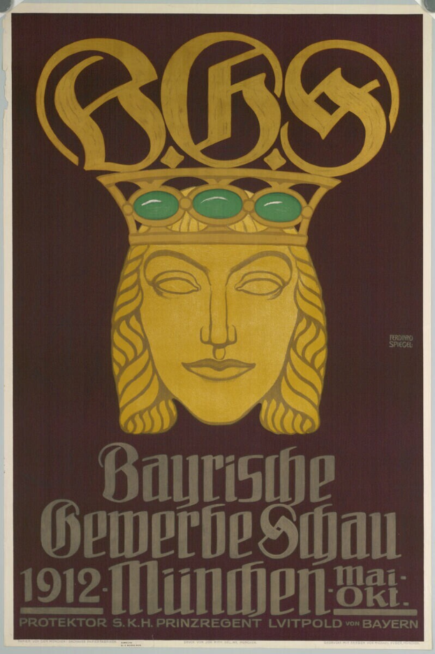 Ein Plakat, das das Bayerische Bierfest in München, Deutschland, bewirbt, mit einem Gesicht mit Krone darauf, umgeben von Text.