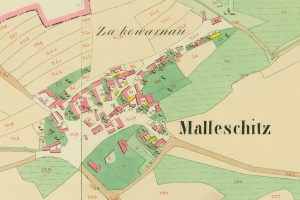 Alte Karte von Mallschitz, Deutschland, mit nummerierten Gebäuden und Straßen, die in Text beschriftet sind.