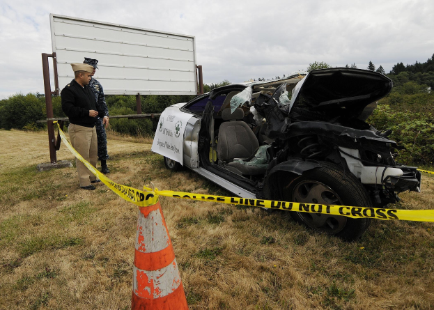 Polizeibeamter in Uniform inspiziert ein schwer beschädigtes Auto mit eingedellter Motorhaube und zersplitterten Fenstern am Straßenrand, mit einem Verkehrskegel und Band in der Nähe gegen einen bewölkten Himmel.