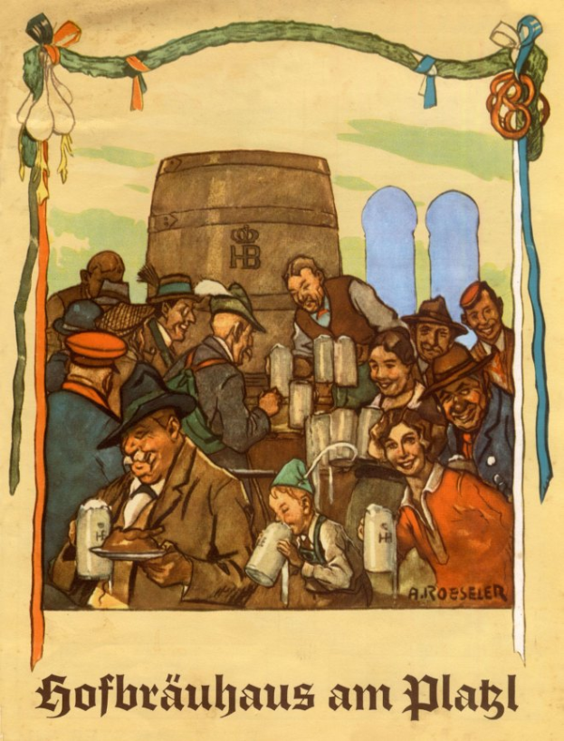 Ein Plakat für ein Bierfest in Deutschland zeigt eine Gruppe von Menschen mit Biergläsern und einem Fass im Hintergrund sowie deutschen Text unten.