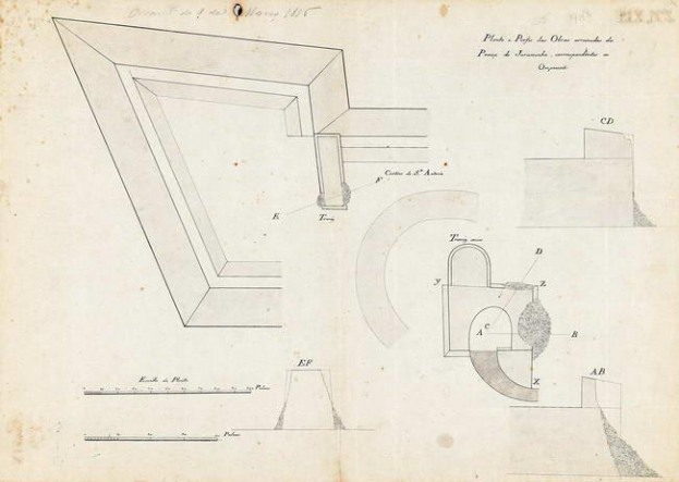 Eine Seite aus einem Buch mit einem detaillierten architektonischen Plan einer Opernhausecke mit einem Loch von 1845, begleitet von Text und Zeichnungen.