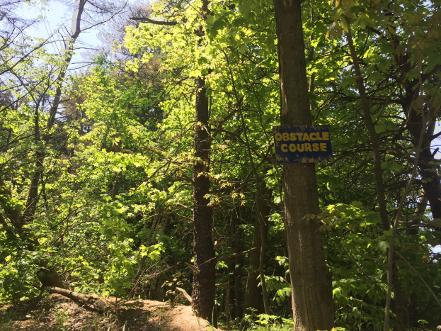 Ein Schotterweg im Wald, der von einem Schild mit der Aufschrift "Hindernisparcours" markiert ist und von Bäumen gesäumt ist.