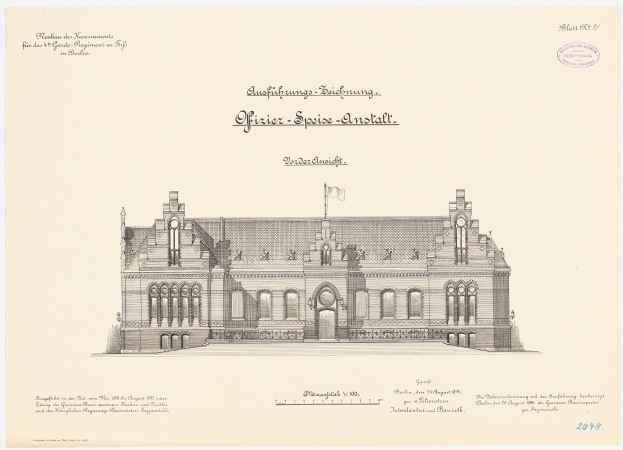 Eine Zeichnung des Hauptsaals des Deutschen Parlaments in Berlin, Deutschland, mit einer Flagge oben drauf, begleitet von beschreibendem Text.