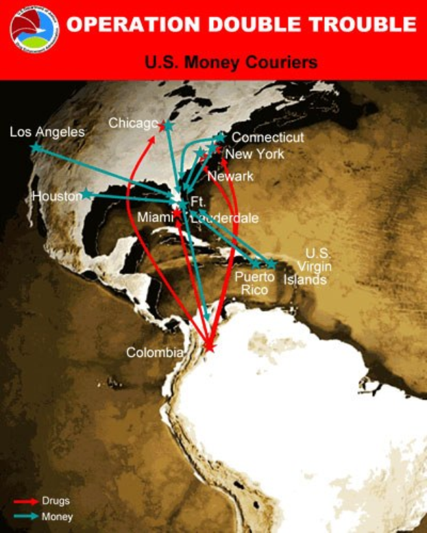 Plakat mit dem Titel "Operation Double Trouble: US-Geldkurier" mit einer Karte der USA, die in zwei Abschnitte unterteilt ist, wobei der obere Abschnitt die Route der US-Geldkurier und der untere Abschnitt eine Karte zeigt, die die Standorte der Geldkurier anzeigt, mit fetter schwarzer Schrift auf einem weißen Rand.