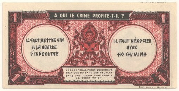 Alte französische Banknote mit ernstem Mann in Anzug, Text "A qui le crime profite-il?" auf weißem Hintergrund mit schwarzem Rand.