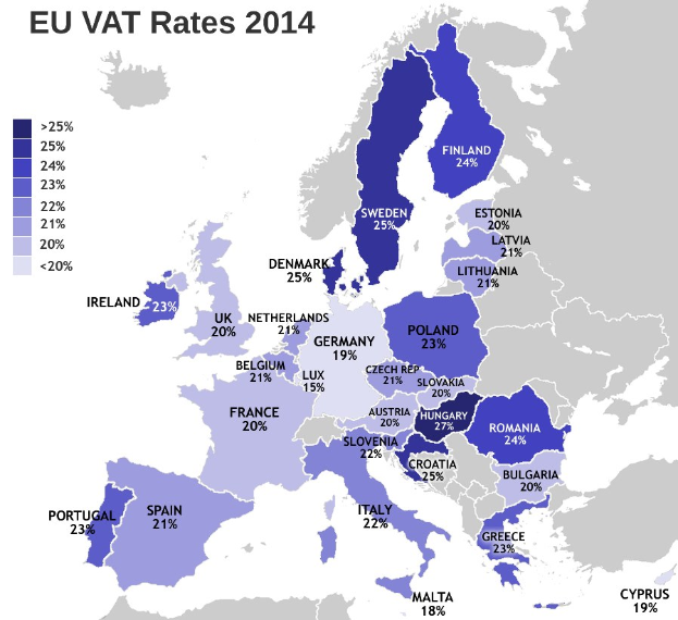 Eine Europakarte, die die EU-VAT-Sätze von 2014 mit Prozentangaben und Textbeschriftungen zeigt.
