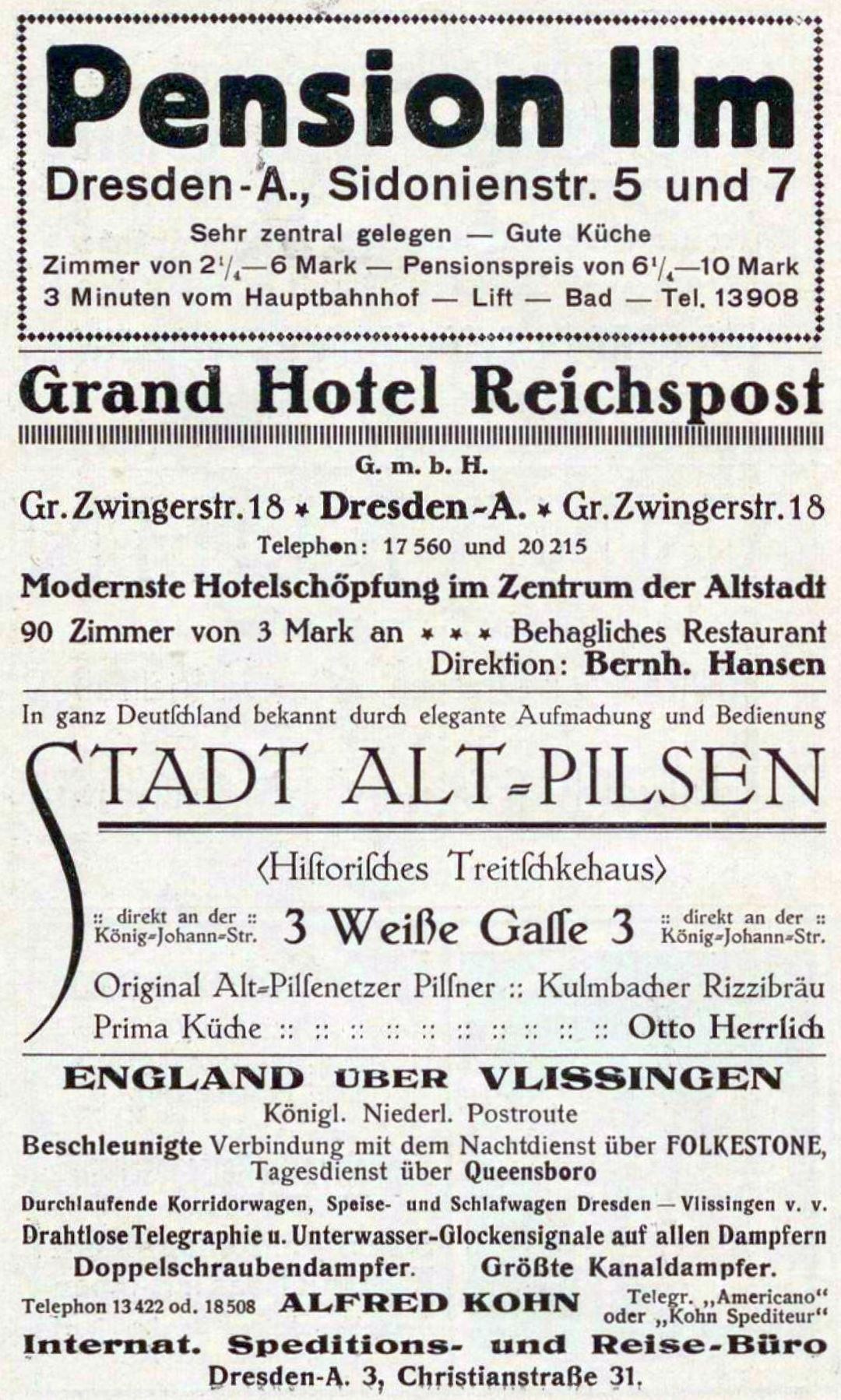 Schwarzer Text auf weißem Hintergrund Werbung für eine Pension in Dresden, Deutschland.