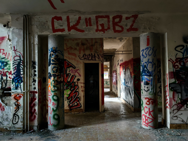 Verlassenes Gebäude mit Graffiti-versehrten Wänden, sichtbarer Boden, freiliegende Rohre und eine Tür im Hintergrund, darstellend städtischen Verfall.