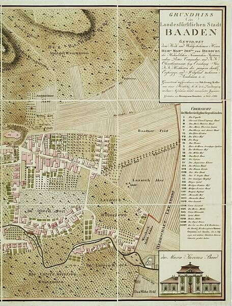 Alte detaillierte Karte von Baden-Württemberg, Deutschland, mit einem Gebäude in der rechten unteren Ecke, die Straßen, Gebäude und Text mit Stadtinformationen zeigt.