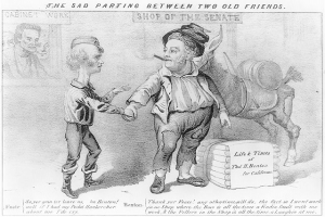 Schwarz-weißer Cartoon von zwei alten Charakteren, die sich an den Händen halten, mit der Bildunterschrift 'Der traurige Abschied von zwei alten Freunden.'