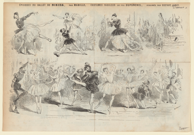 Eine Buchseite mit einer lebendigen Zeichnung von Menschen, die im Einklang tanzen, begleitet von Text, der die Einzelheiten des Ereignisses beschreibt.