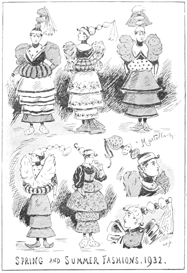 Schwarz-weiß-Illustration von Frauen in 1932 Frühjahrs- und Sommerkleidern, begleitet von beschreibendem Text.