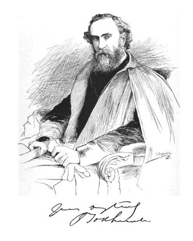 Eine Schwarz-Weiß-Zeichnung eines bärtigen Mannes in einem langen Mantel und Hut, der in einem Stuhl sitzt und ein Buch hält, mit einem ernsten Gesichtsausdruck und der Inschrift 'Johann Wolfgang von Goethe' unten.