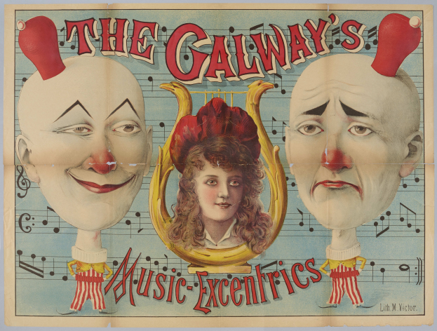 Ein Plakat für die Galway Music Excentrics mit einer Frau in der Mitte und zwei Clowns an den Seiten, mit Texten, die das Zirkusprogramm beschreiben.