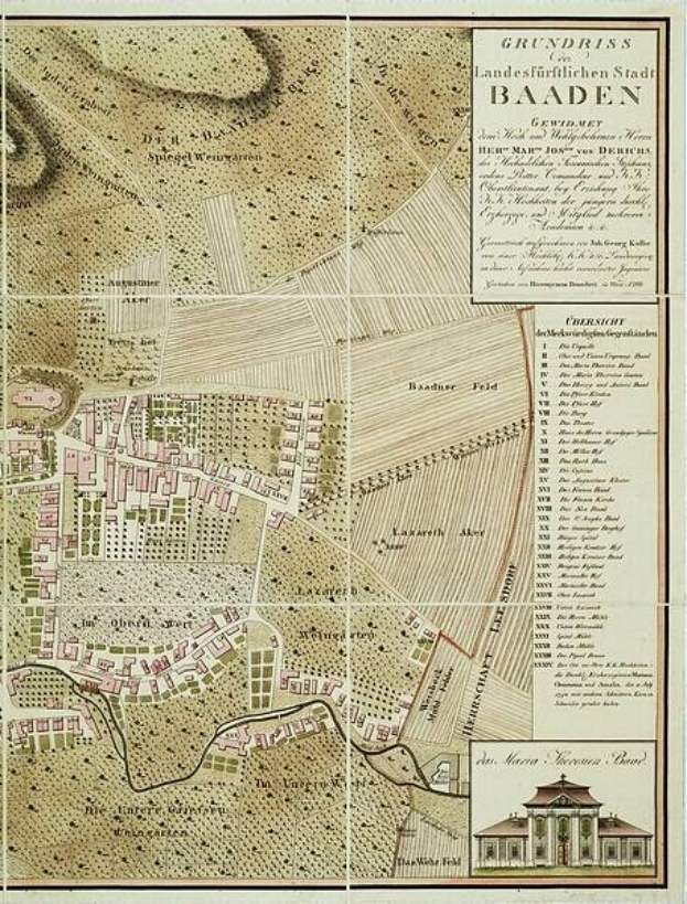 Detailierte alte Karte von Baden-Württemberg, Deutschland, mit einem Gebäude in der rechten unteren Ecke, die Straßen, Gebäude und Sehenswürdigkeiten mit zusätzlichen Textinformationen zeigt.