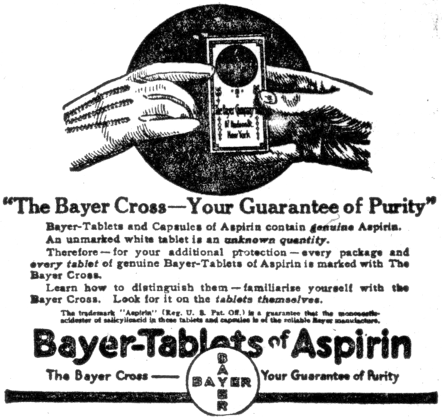 Plakat mit einem Schwarz-Weiß-Bild einer Hand, die eine Bayer-Tablette Aspirin hält, mit dem Text "Das Bayer-Kreuz - Ihre Garantie für Reinheit" darunter.