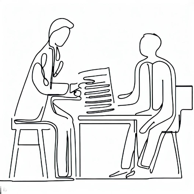 Eine durchgehende Linienzeichnung eines Arztes mit Stethoskop und Clipboard und einem Patienten, der an einem Schreibtisch mit Papieren sitzt, vor einem weißen Hintergrund.