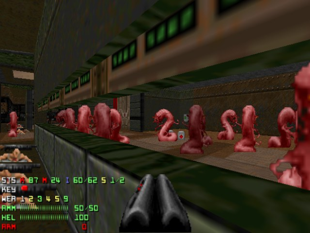 Ein Screenshot aus dem Videospiel Doom II, der mehrere animierte Zombies in einem Raum zeigt, mit einer Waffe unten und Statusinformationen links.