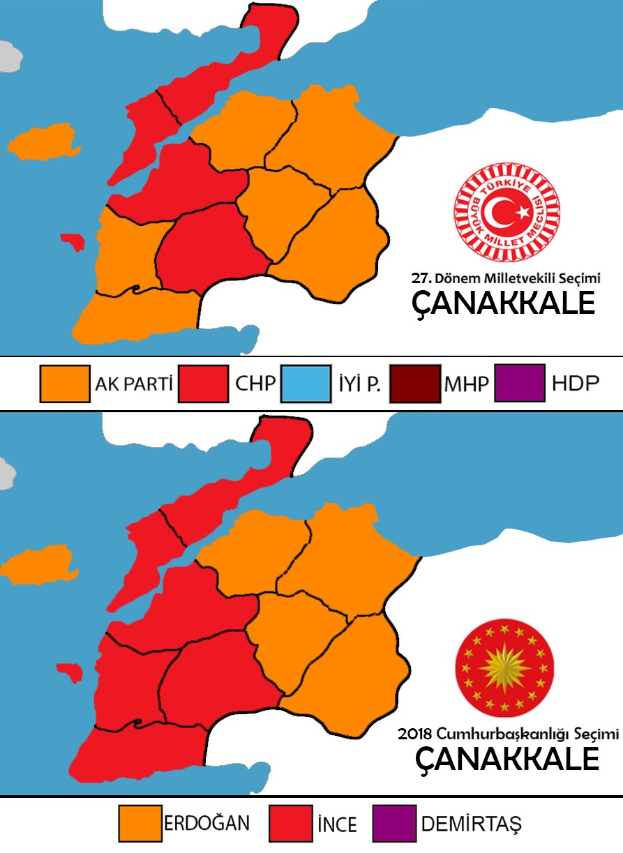 Eine Karte von Türkei mit farbcodierten Regionen, die den Prozentsatz der Bevölkerung darstellen, beschriftet mit "Canakkale Wahlresultate 2018".