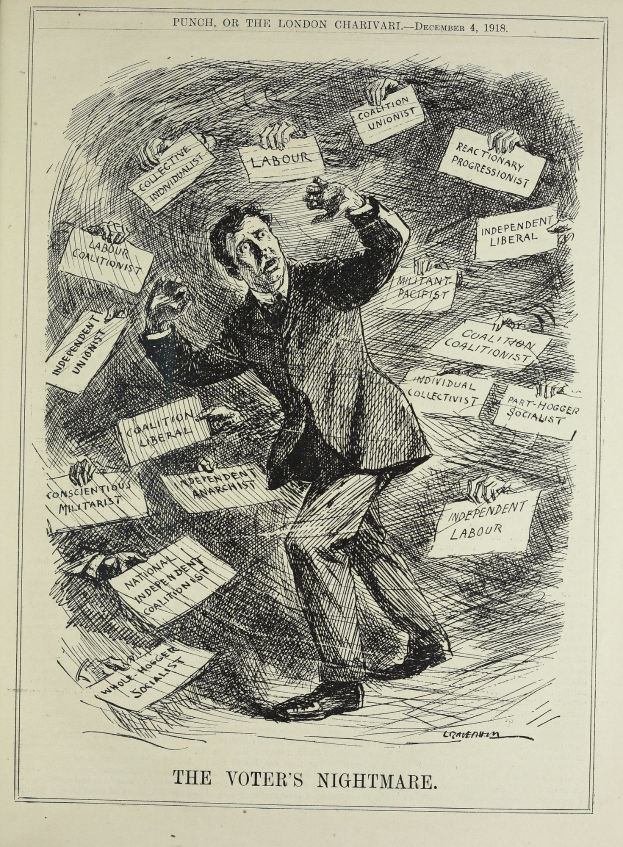 Ein Blatt mit einer Zeichnung eines Mannes in Anzug und Krawatte, der ein Schild mit der Aufschrift "Der Albtraum des Wählers" in fetter Schrift hält, mit einem entschlossenen Gesichtsausdruck.