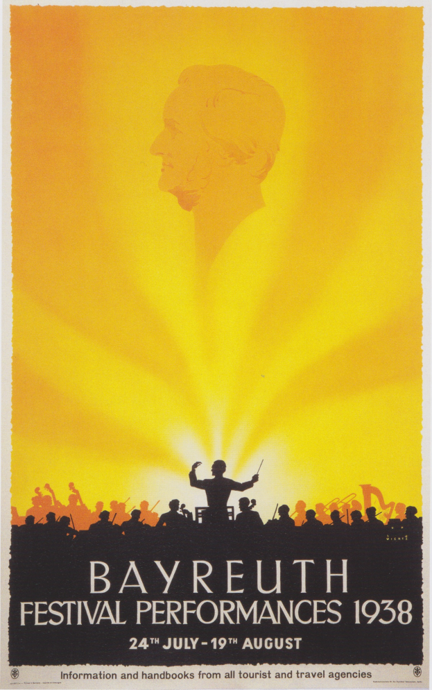 Plakat für die Bayreuther Festspiele 1938, das eine zentrale Figur umgeben von einer Gruppe von Menschen zeigt, mit Text, der Festival-Informationen enthält.