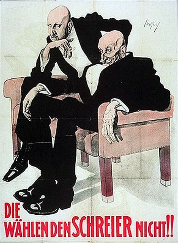 Deutsches Propagandaplakat der NSDAP mit zwei Männern auf einem Sofa und Textüberschrift.