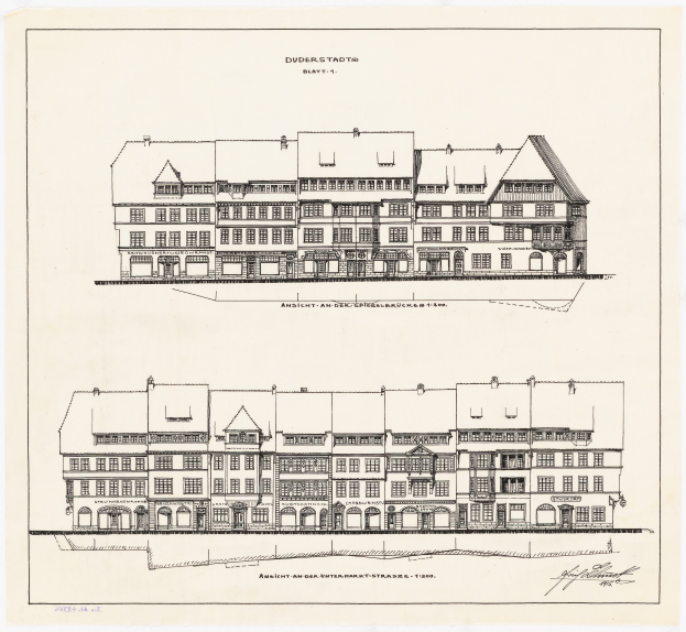 Eine Schwarz-Weiß-Zeichnung des Hotels Duderstadt in Hamburg, Deutschland, mit einem mehrstöckigen Geböude mit zahlreichen Fenstern und begleitendem Text.