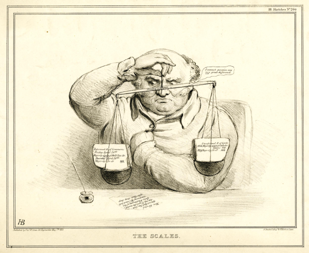 Ein Mann in einem Anzug sitzt an einem Tisch mit einer Waage, entschlossen, mit einem Papier mit Wörtern und Zahlen davor.