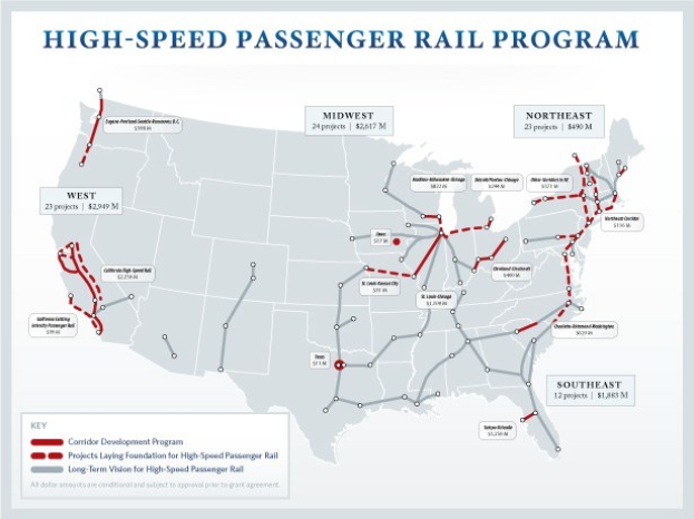 Ein Plakat mit einer detaillierten Karte des U.S.-Hochgeschwindigkeits-Passagierbahnprogramms, einschließlich Routen und wichtiger Orte, mit begleitendem Text, der dessen Zweck und Funktion erläutert.