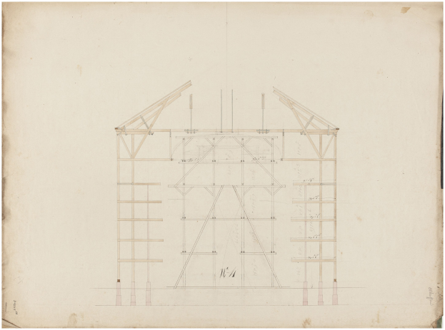 Ein detailliertes architektonisches Zeichnung eines Gebäudes mit ausführlichem Gerüst, das wahrscheinlich eine Holzrahmenkonstruktion darstellt, auf einem Blatt Papier.