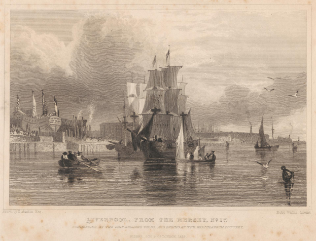 Eine Gravur eines Schiffs, das in einem Gewässer in der Nähe von Gebäuden mit Menschen an Bord, wehenden Flaggen und fliegenden Vögeln im Himmel fährt, mit der Inschrift "Liverpool, von der Mersey, 1797".